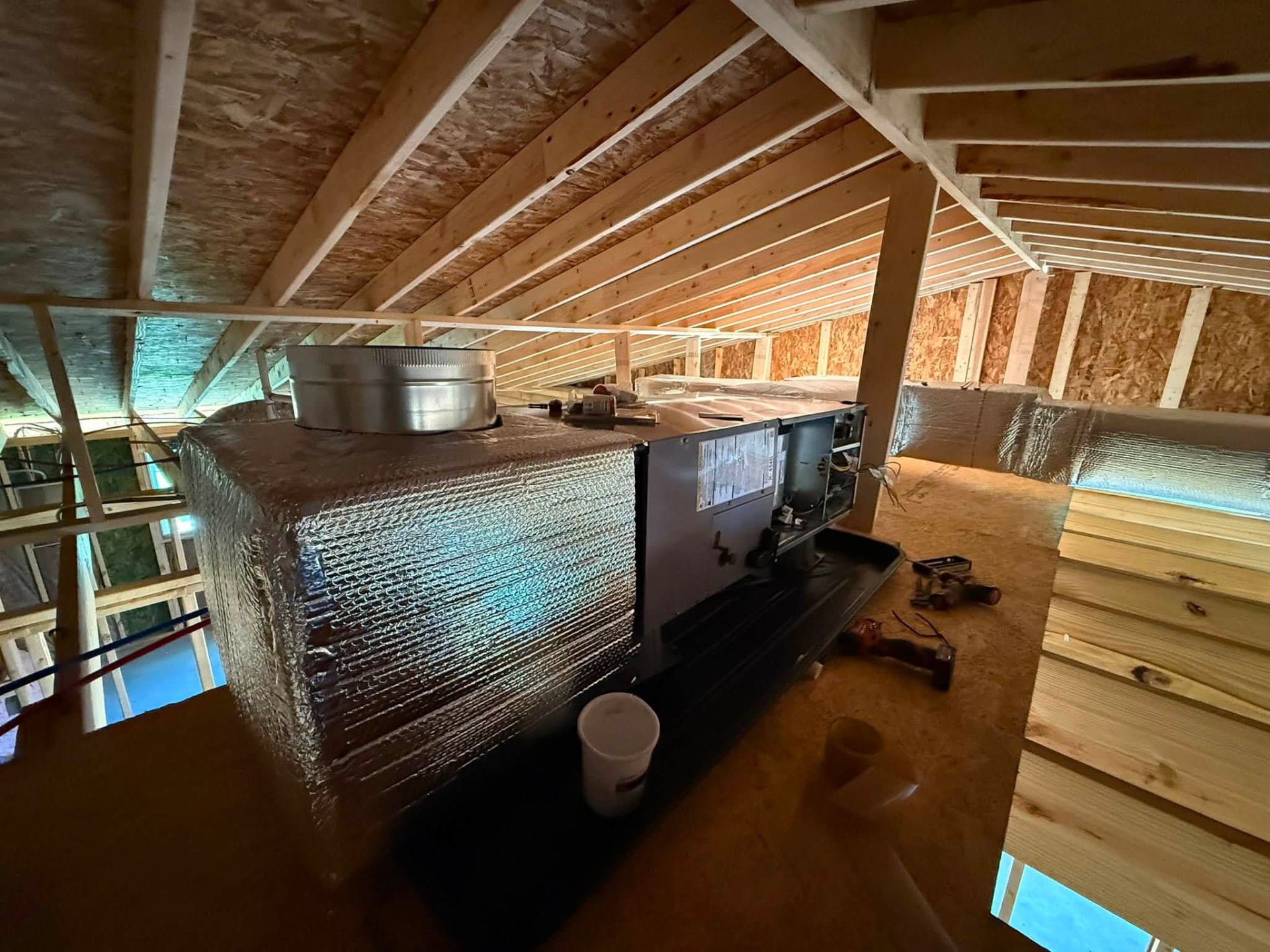 Horizontal attic air handler, insulated and level